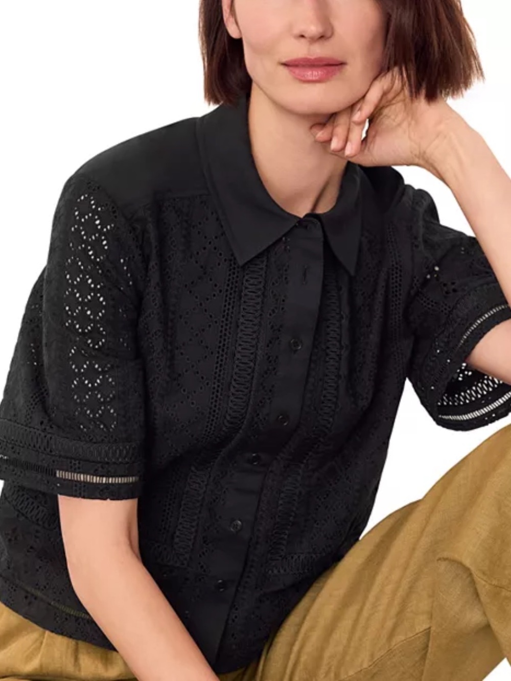 Whistles Black Broderie Anglaise Button Front Blouse Size 0